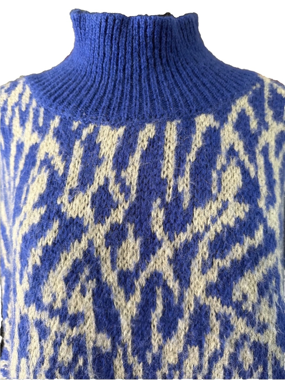 Benetton Blue & Gray Mohair Blend Mockneck Boxy Pullover Sweater Italy Size LG - Picture 2 of 12